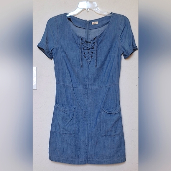 Hollister chambray denim mini dress lace up with pockets boho hippie - Picture 1 of 8